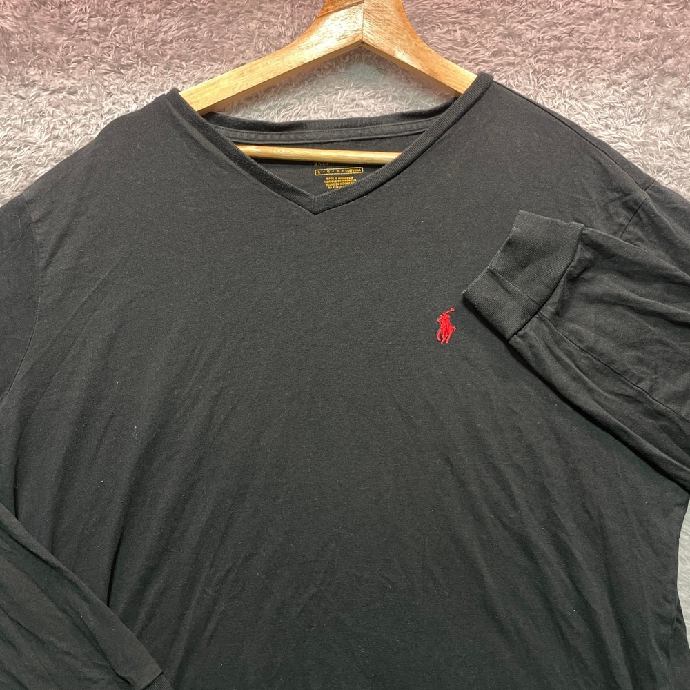 Polo Ralph Lauren Mens V-Neck Long Sleeve T-Shirt Black Red Pony Logo Large